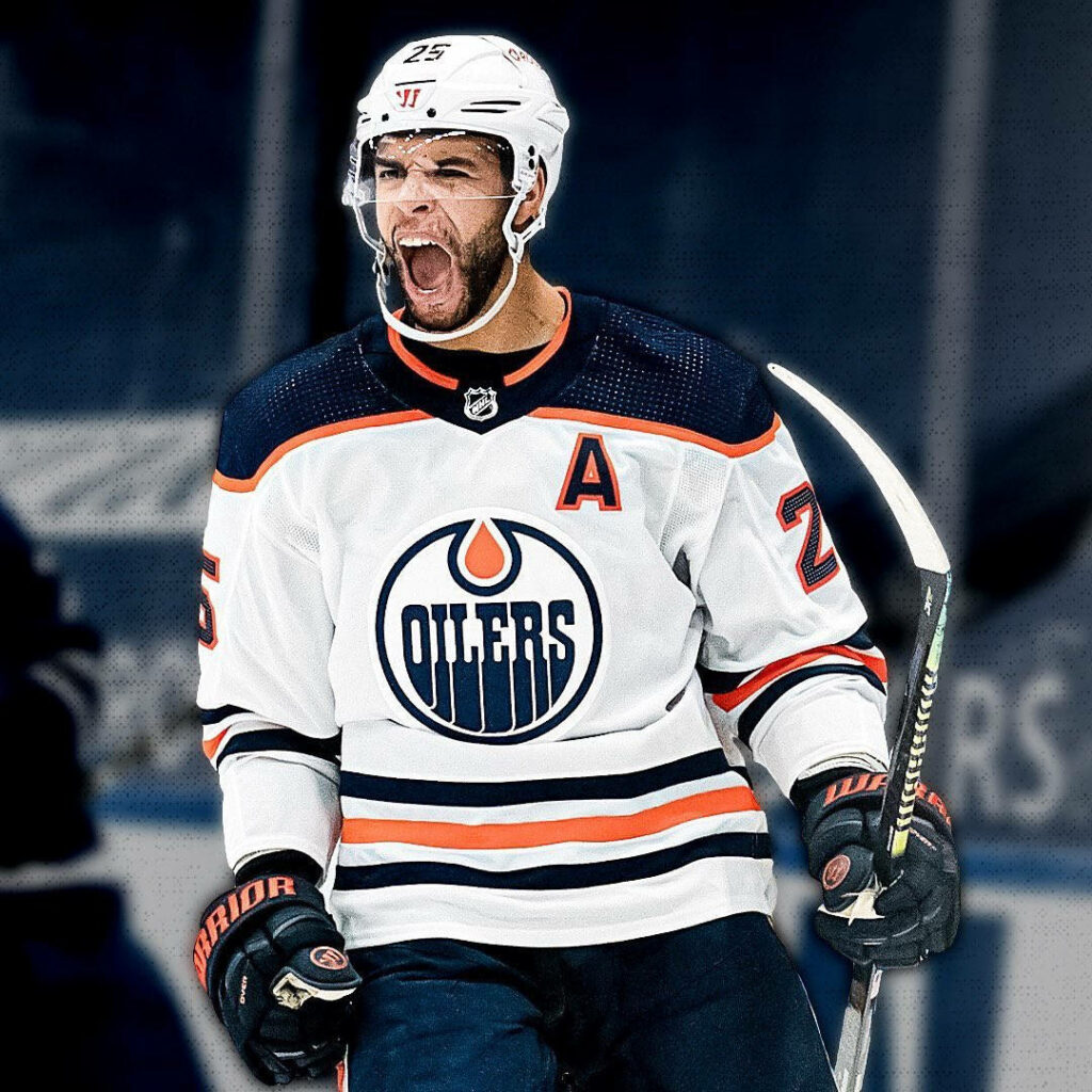 Darnell Nurse Edmonton Oilers intense action 2022 game Calgary Flames white away jersey Wallpaper