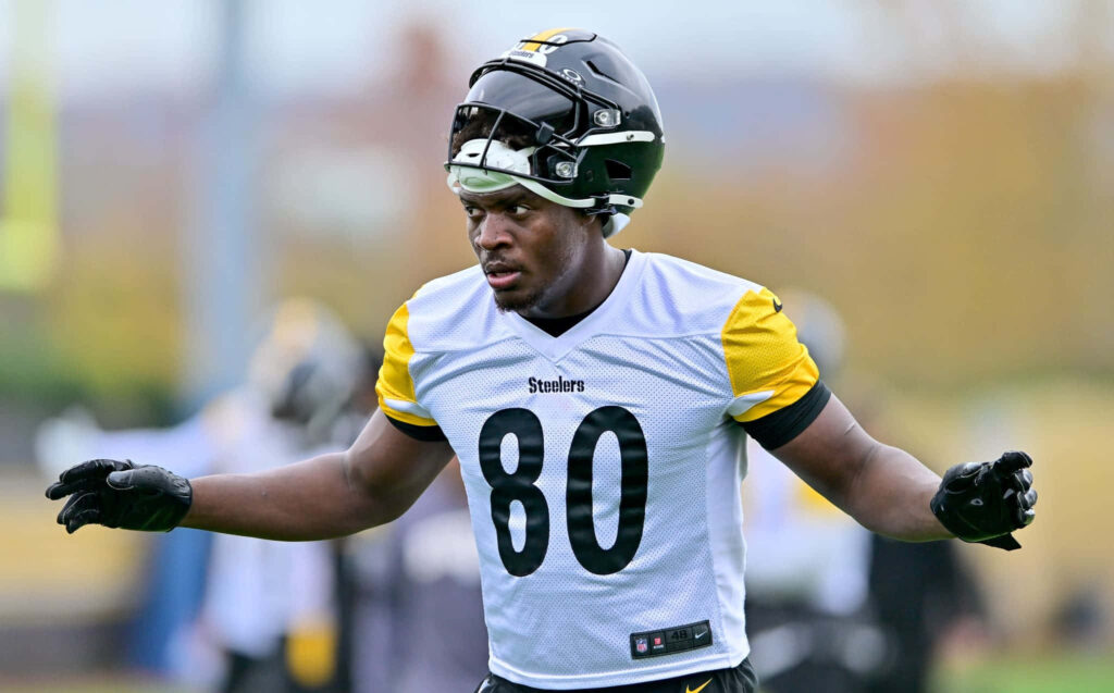 Darnell Washington Steelers jersey 80 training outdoors autumn background intense focus Wallpaper