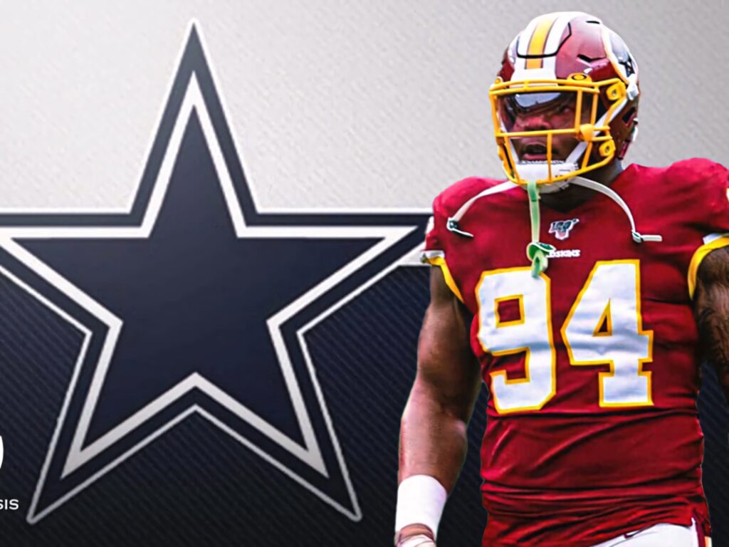 Daron Payne in Dallas Cowboys uniform dynamic wallpaper with bold team logo background vivid colors