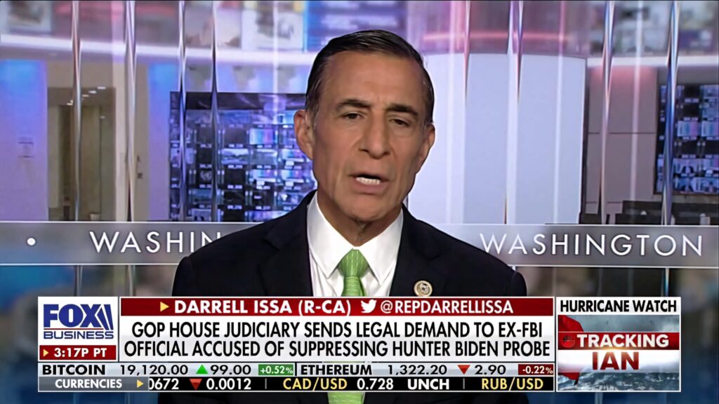 Honorable Darrell Issa delivering passionate speech in FOX Business studio with GOP House Judiciary graphics Wallpaper