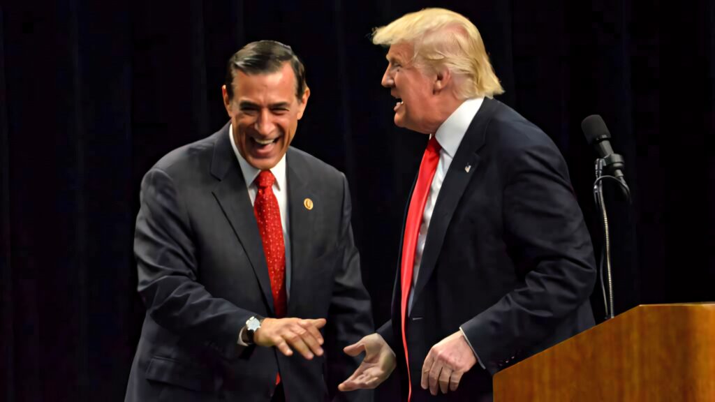 Darrell Issa and Donald Trump laughing on stage in suits red ties energetic political moment wallpaper