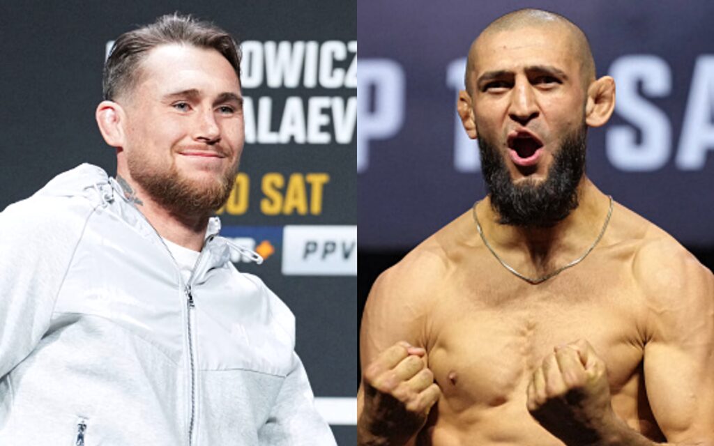 MMA wallpaper Darren Till calm in white jacket versus intense shirtless Khamzat Chimaev fight