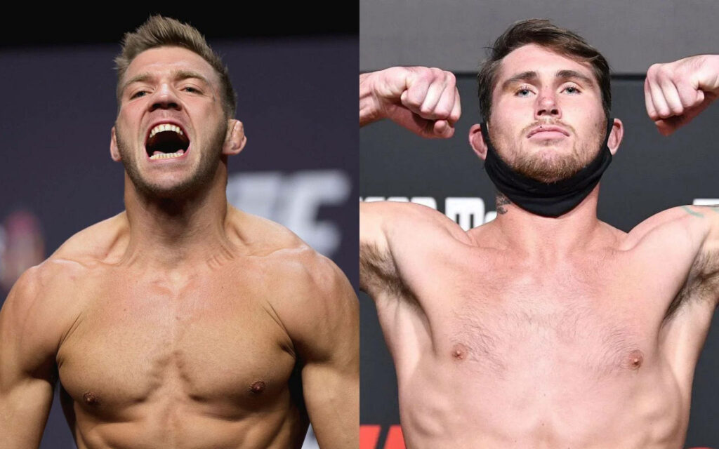 Split-screen wallpaper of MMA fighters Darren Till and Bo Nickal showcasing intense focus