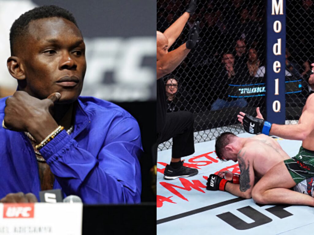UFC fighters Israel Adesanya and Darren Till knockout moment wallpaper background vibrant action