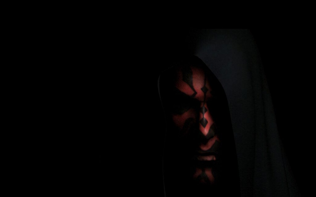 Darth Maul CGI fan art wallpaper shadowed red black face paint intense gaze dark background