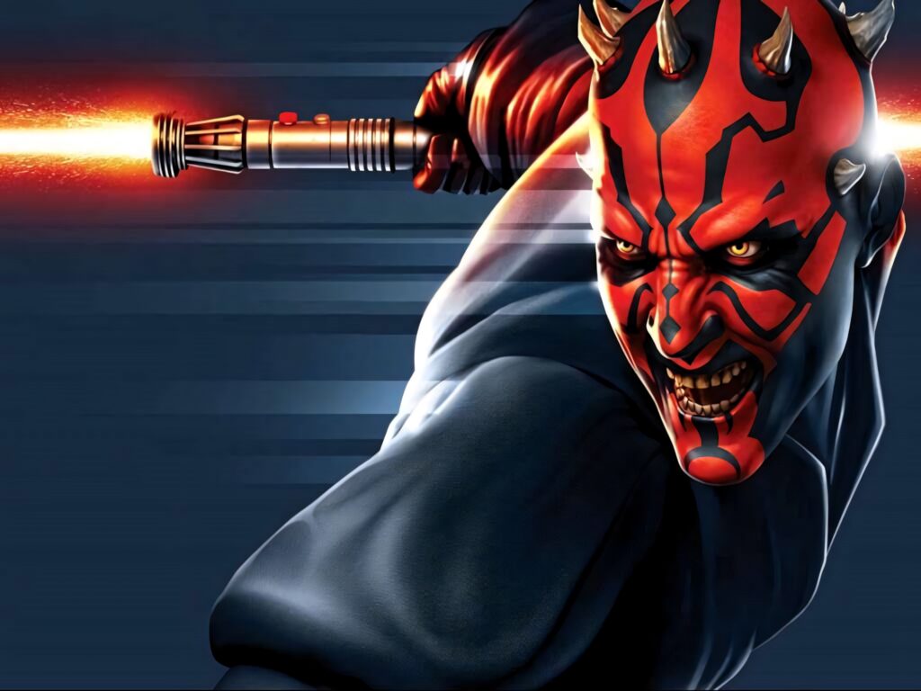 Darth Maul charging with double-ended red lightsaber intense face markings Star Wars wallpaper