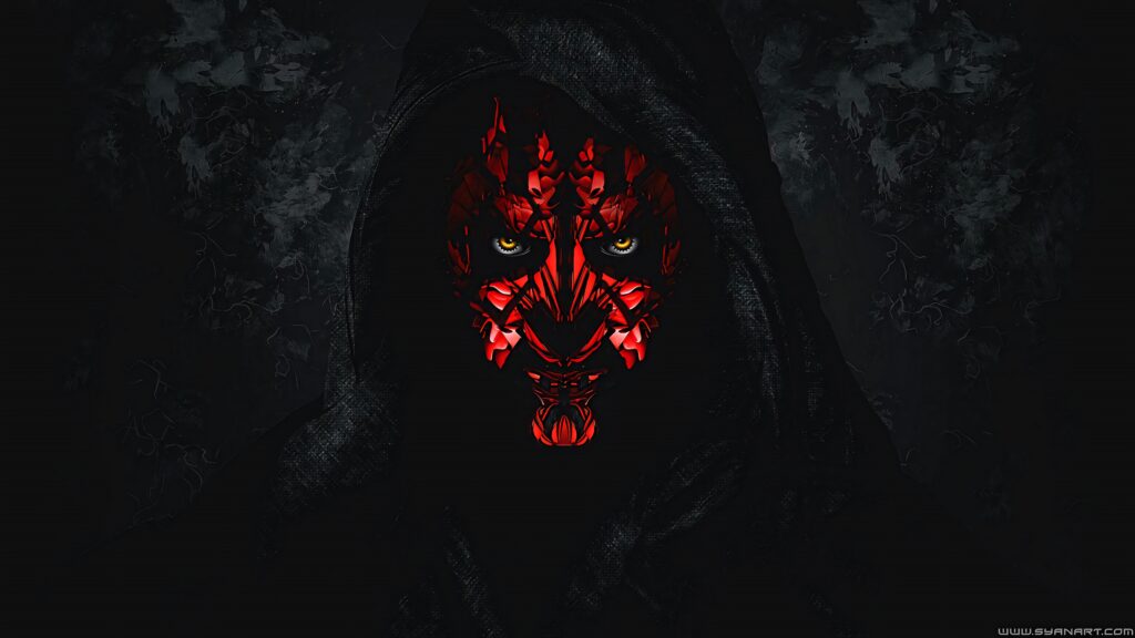Darth Maul in dark hooded cloak with glowing yellow eyes and red black tattoos wallpaper
