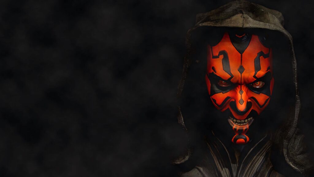 Darth Maul with red black facial tattoos and sharp horns emerges from dark smoky Star Wars background Wallpaper