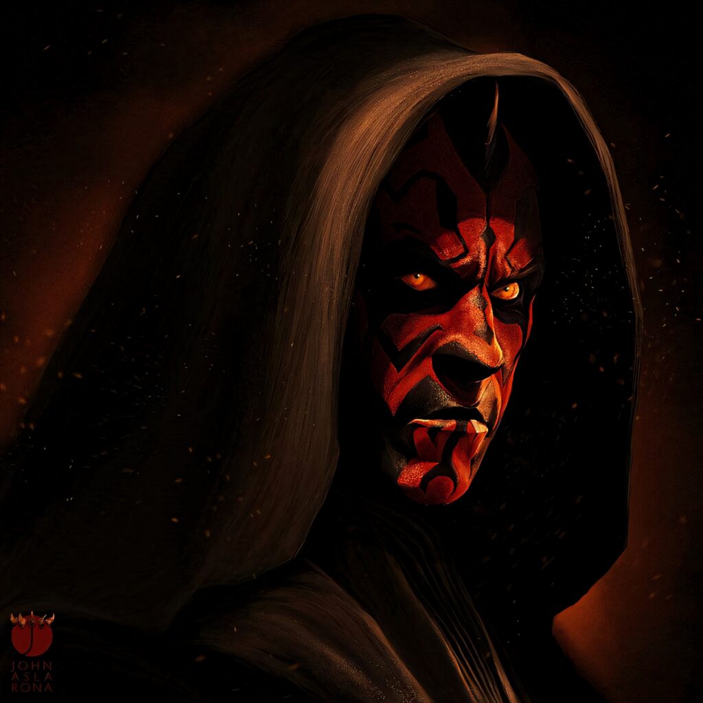Darth Maul Star Wars wallpaper with red black face markings yellow eyes dark moody lighting background