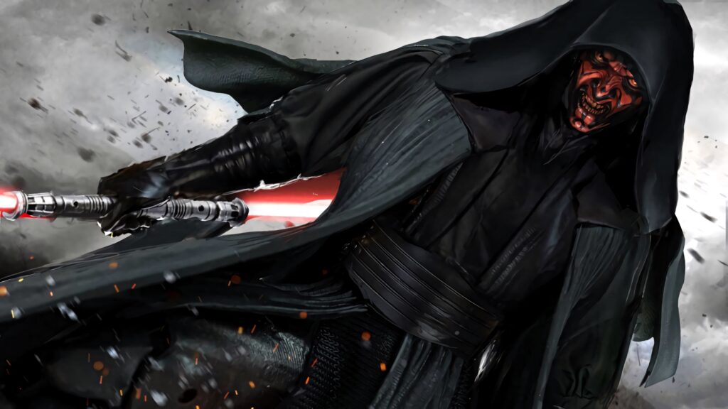 Darth Maul in black robes with red face markings ignites double-bladed red lightsaber amid chaos Wallpaper