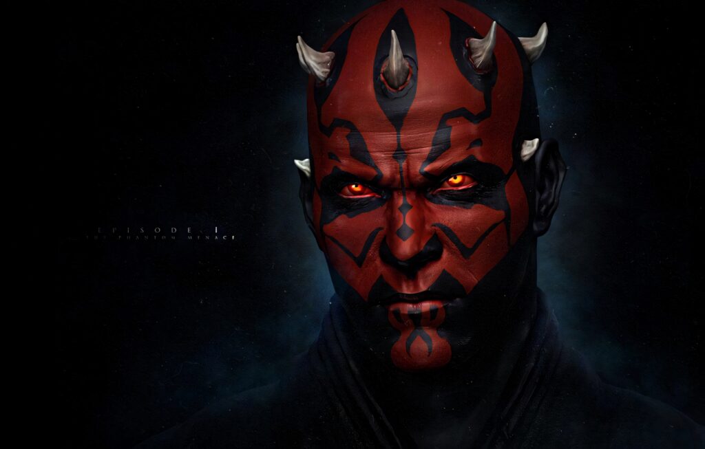 Darth Maul wallpaper dark Sith Lord with red black face markings yellow eyes and horns background