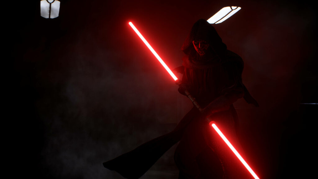 Darth Maul with glowing red double-bladed lightsaber in dark cinematic Star Wars wallpaper background