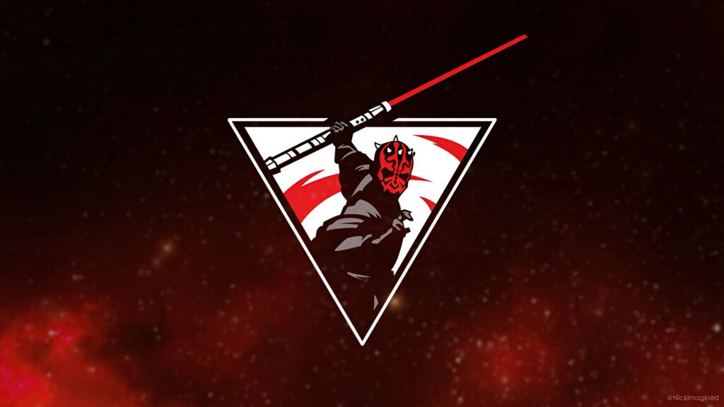 Darth Maul with double-bladed red lightsaber in bold triangle frame starry space background wallpaper