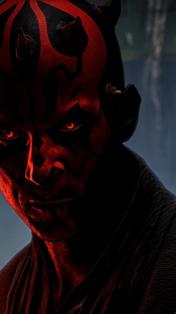 Darth Maul close-up with glowing yellow eyes intense red and black facial markings Star Wars wallpaper