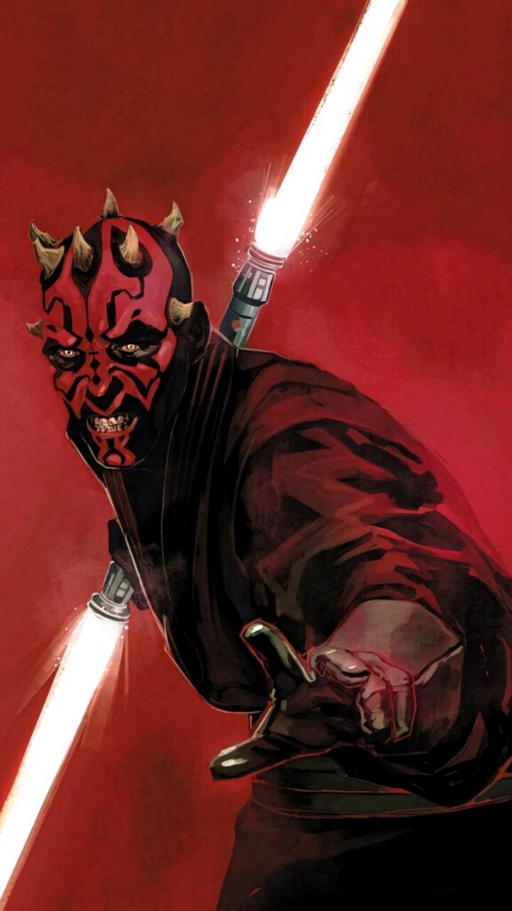 Darth Maul with dual-bladed lightsaber on red background fierce expression dark robes wallpaper