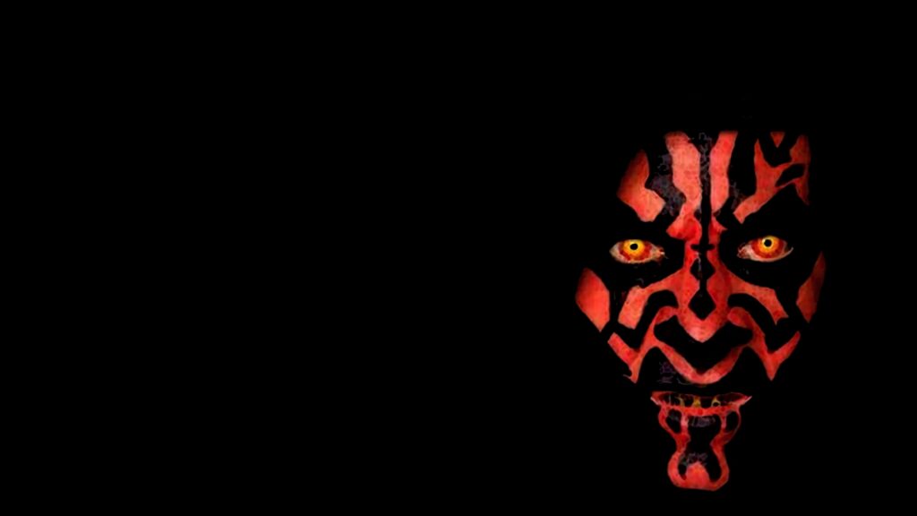 Darth Maul Sith Lord wallpaper with red black tattoos yellow eyes on minimalist black background
