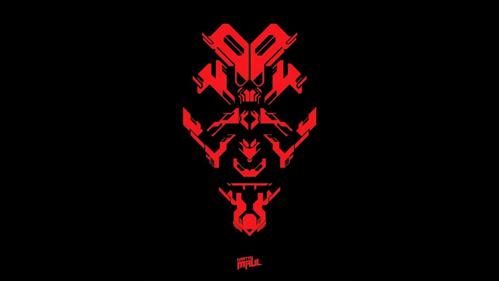 Stylized symmetrical red Darth Maul Sith Lord geometric face design on black wallpaper background