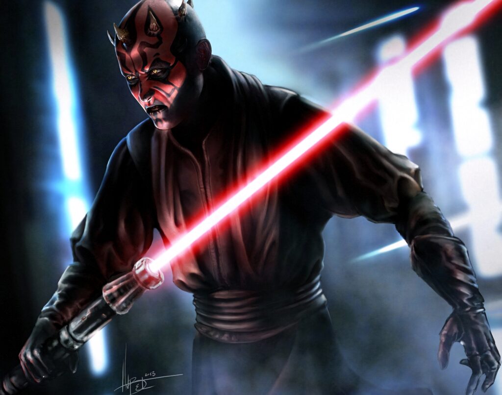 Darth Maul with double-bladed red lightsaber in dark moody background digital art wallpaper