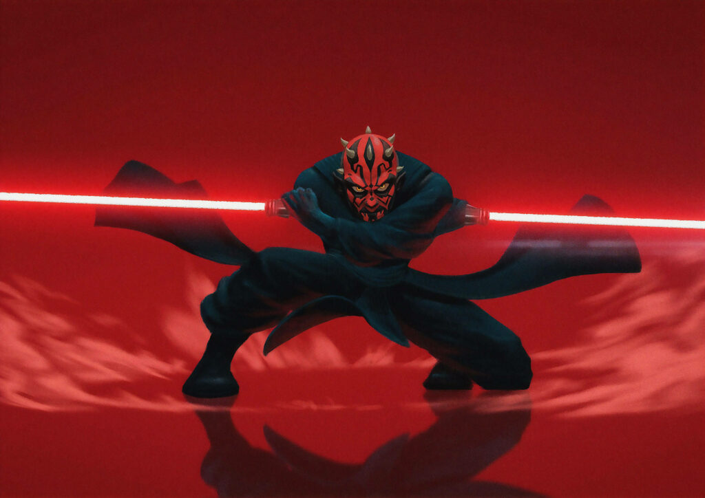 Darth Maul poised for battle with double-bladed lightsaber red background Star Wars wallpaper