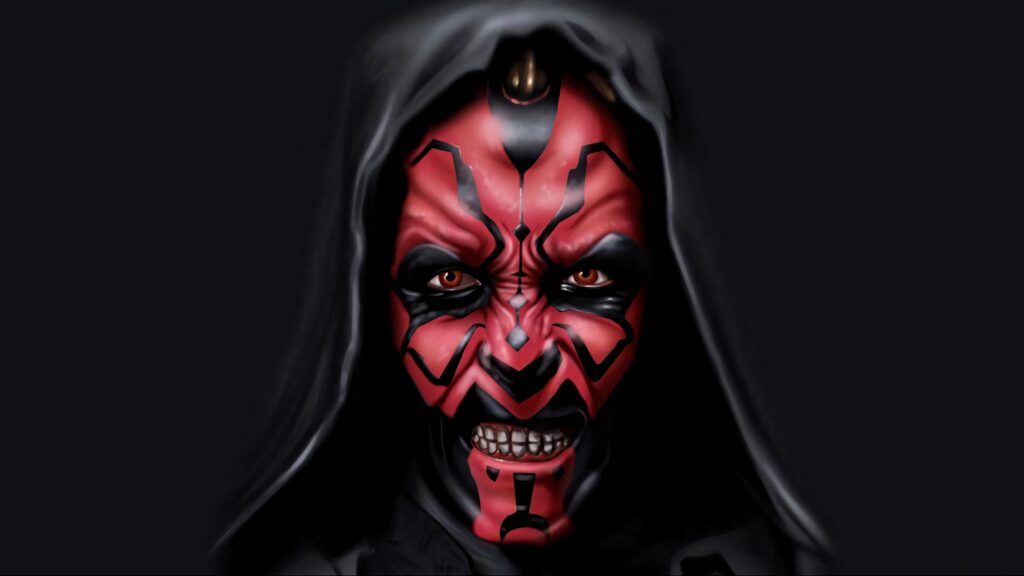 Darth Maul smudge paint art wallpaper with intense expression and red black face tattoos