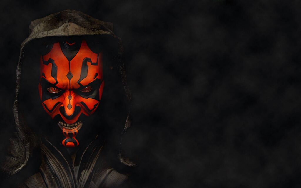Darth Maul Star Wars wallpaper with red black tattoos intense gaze dark smoky hooded cloak