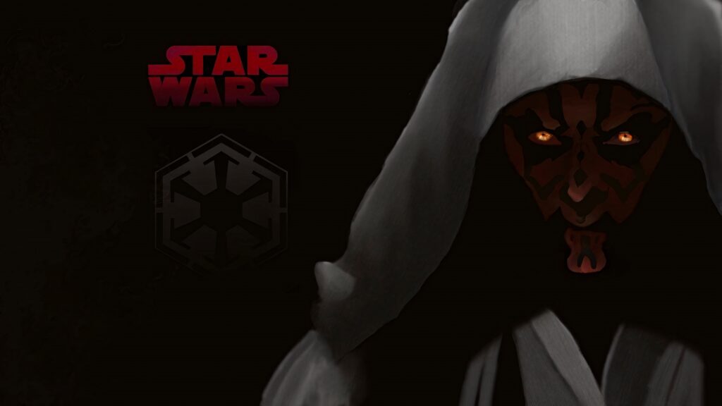 Darth Maul with red black tattoos and yellow eyes on dark background with Sith emblem and Star Wars logo Wallpaper