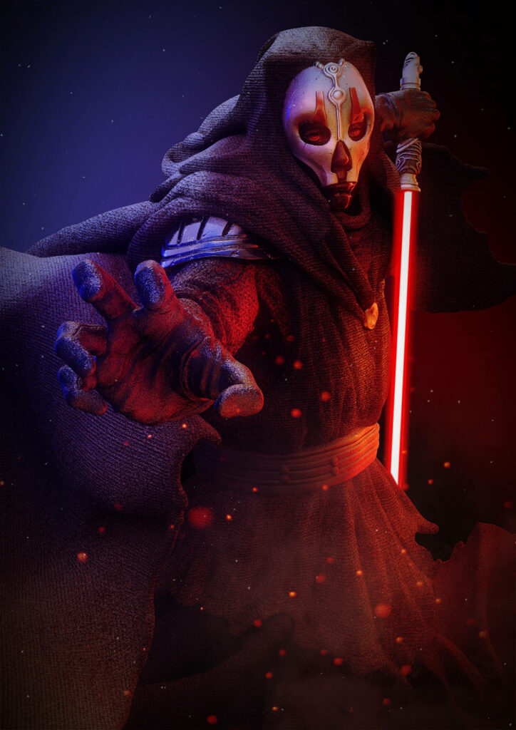 Darth Nihilus 3D art with glowing red lightsaber dark robe mask shadowy Star Wars wallpaper background
