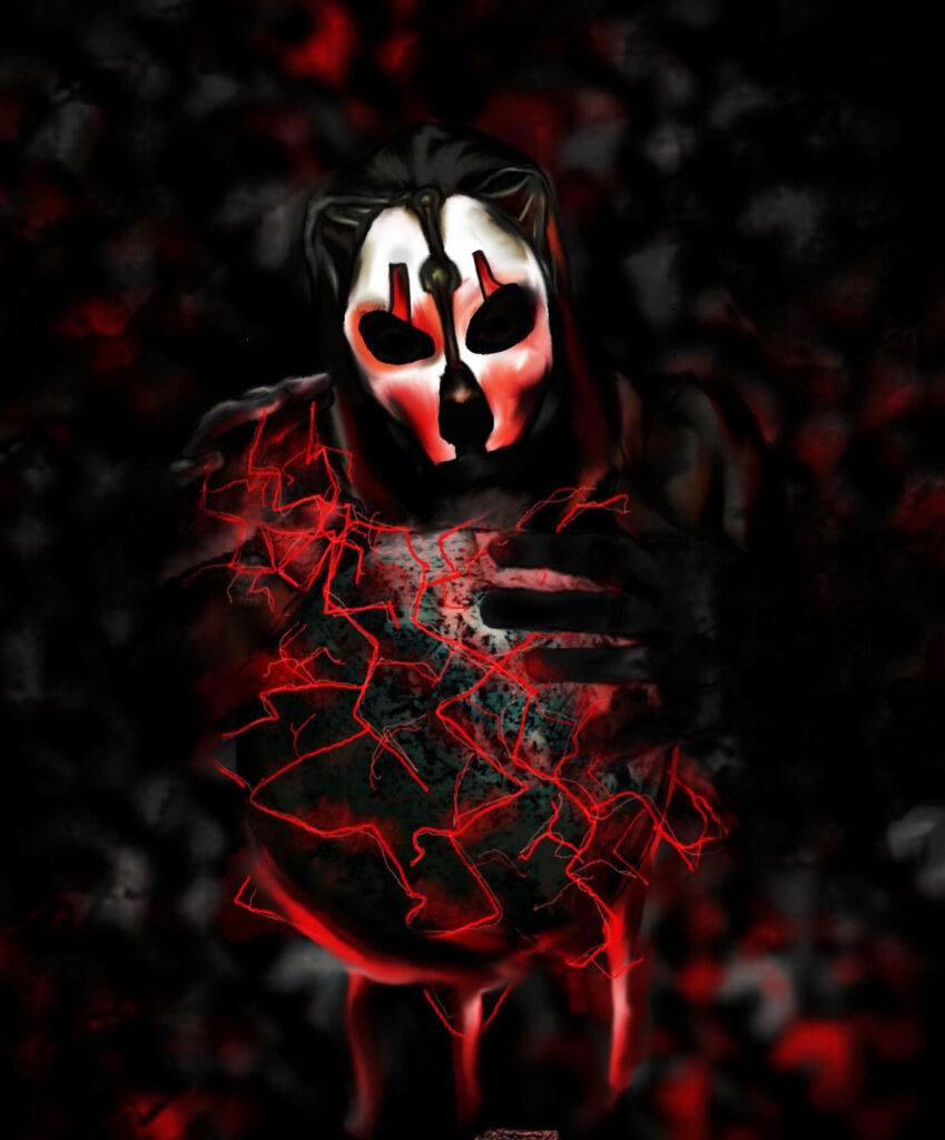 Darth Nihilus Sith Lord emerging from darkness with red cracked mask and crimson lightning wallpaper