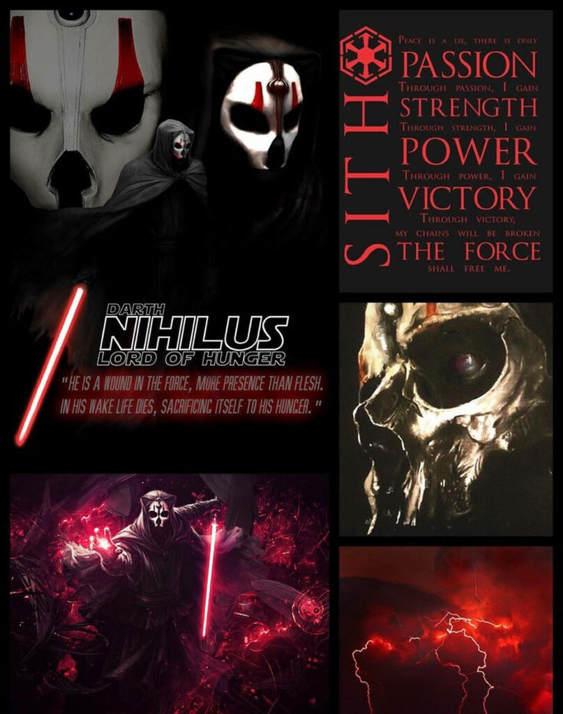 Darth Nihilus dark collage wallpaper with Sith mask red black tones lightning and quotes background