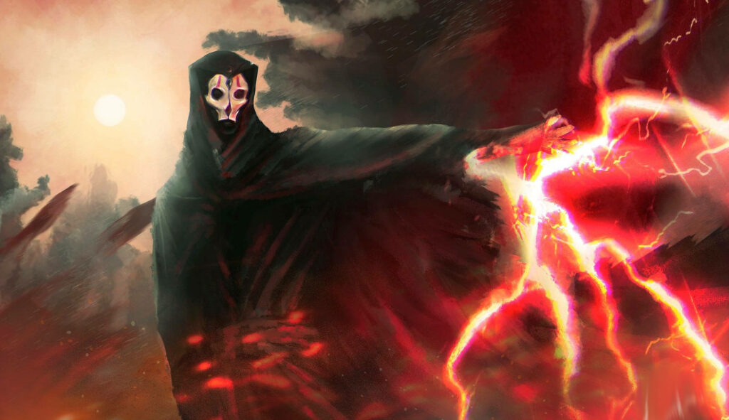 Darth Nihilus unleashing red lightning in a dark fiery sky with iconic masked shadowed figure wallpaper background