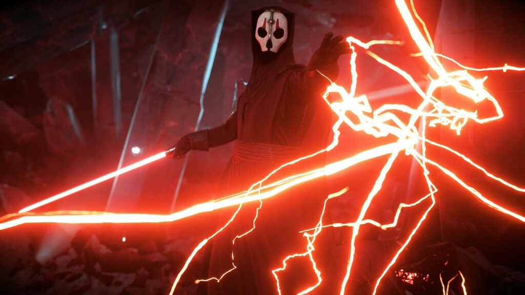 Darth Nihilus with red lightsaber and lightning in dark ruined environment Sith wallpaper background