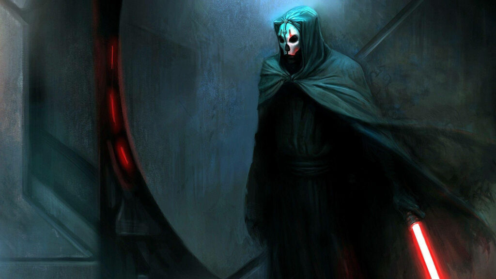 Darth Nihilus fan art wallpaper with glowing red lightsaber and shadowy dark Star Wars background