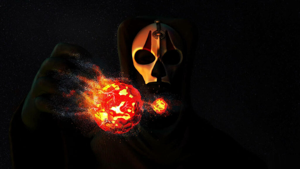 Darth Nihilus in shadow holding glowing fiery orb with flames in dark mysterious digital artwork background Wallpaper