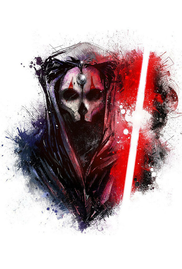 Darth Nihilus wallpaper with paint splatter art red lightsaber Sith Lord mask on white background