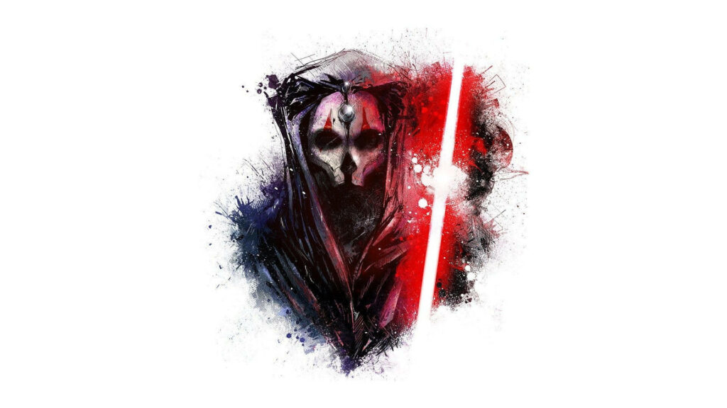 Darth Nihilus paint splatter art wallpaper with vivid red purple black colors and glowing lightsaber