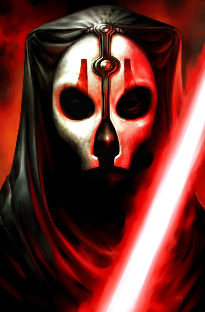 Darth Nihilus digital painting wallpaper with glowing red lightsaber and dark Sith robes background