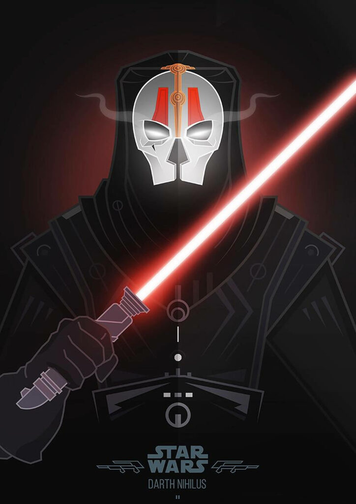 Darth Nihilus vector art wallpaper with white mask red markings and glowing red lightsaber shadowy background