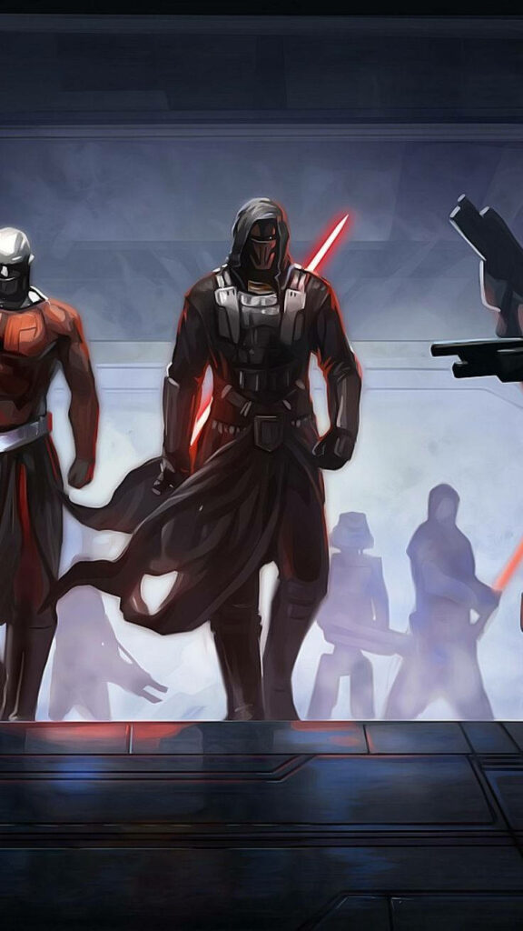 Darth Revan Sith Lord with red lightsaber leading followers in dark mysterious wallpaper background