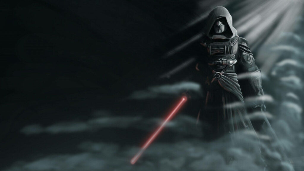Darth Revan with glowing red lightsaber standing in shadows and mist dark side wallpaper background