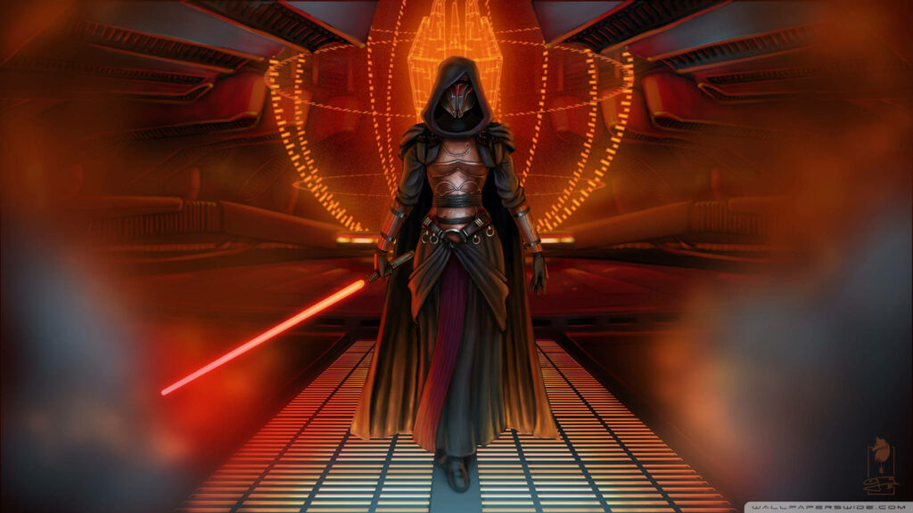 Darth Revan with red lightsaber in glowing futuristic chamber dark side KOTOR wallpaper background