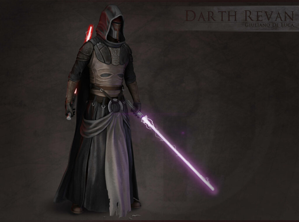 Darth Revan wielding red and purple lightsabers in powerful dark side Star Wars wallpaper pose