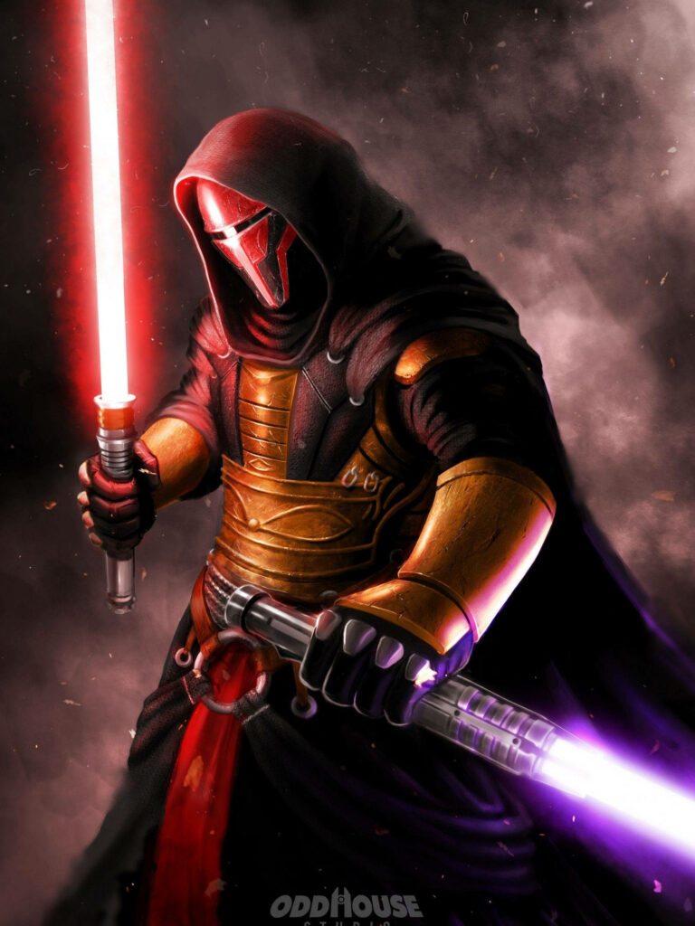 Darth Revan in iconic mask wielding dual lightsabers in misty dramatic Star Wars wallpaper background
