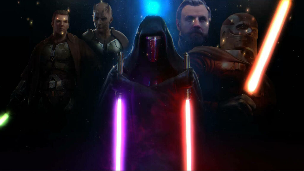 Darth Revan with dual lightsabers and Star Wars legends on cosmic space background wallpaper