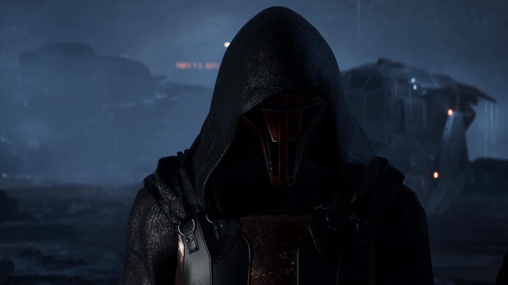 Darth Revan emerges from shadows in intense Sith Lord wallpaper background full of power and mystery