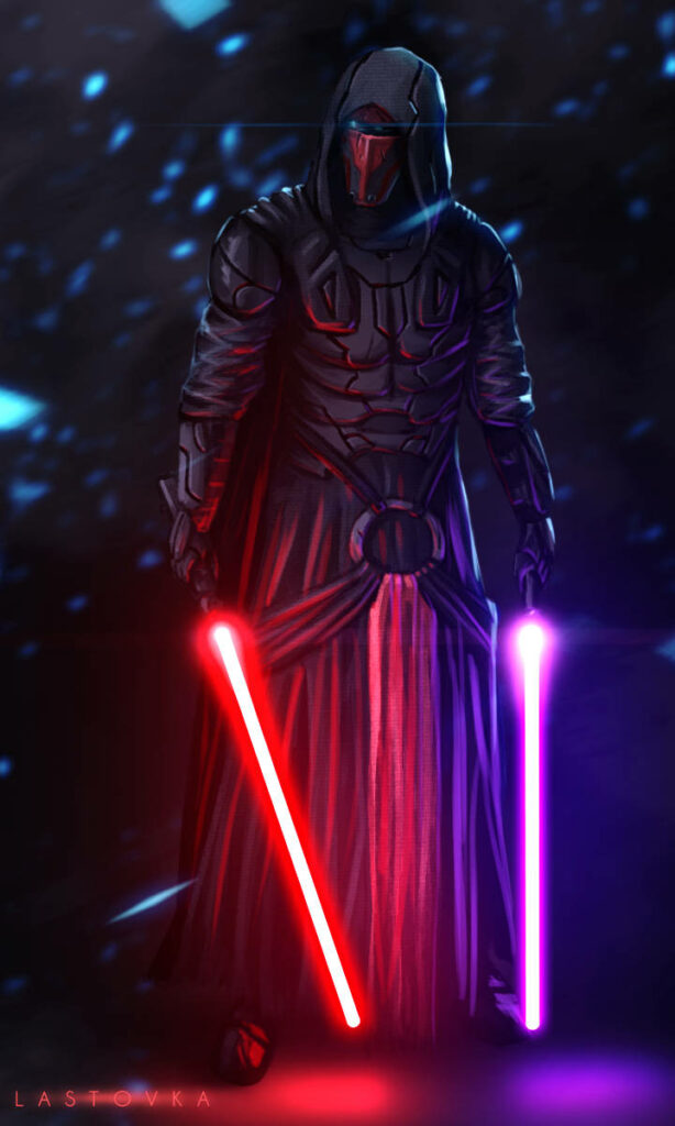 Darth Revan cloaked in shadows wielding two neon lightsabers creating powerful dark wallpaper