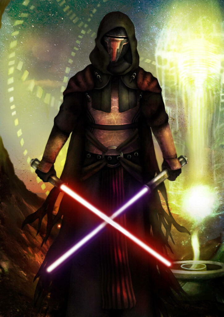 Darth Revan in Sith armor with red and purple lightsabers against cosmic Star Wars backdrop Wallpaper