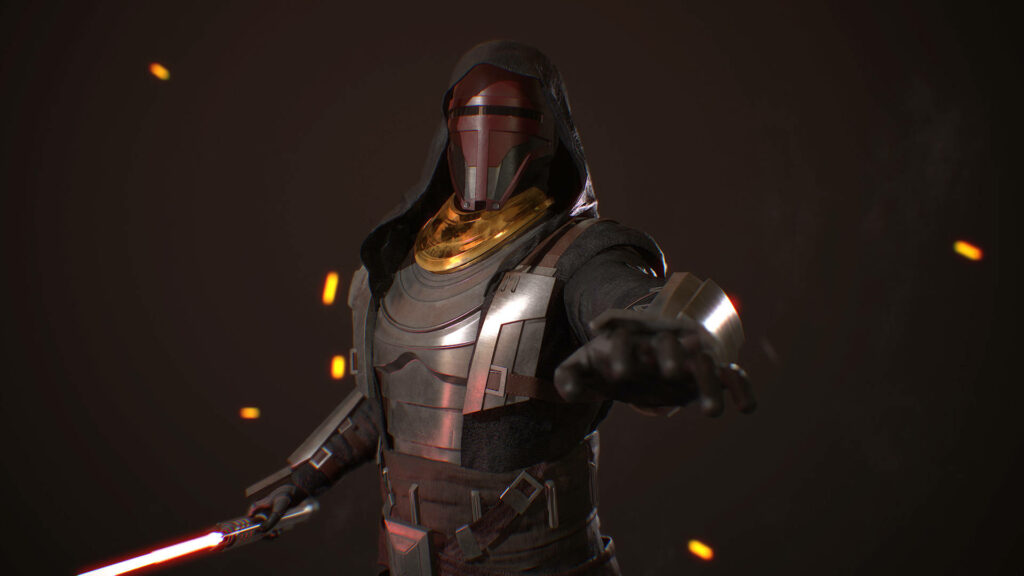 Darth Revan in iconic armor with glowing red lightsaber amid sparks Sith Lord wallpaper