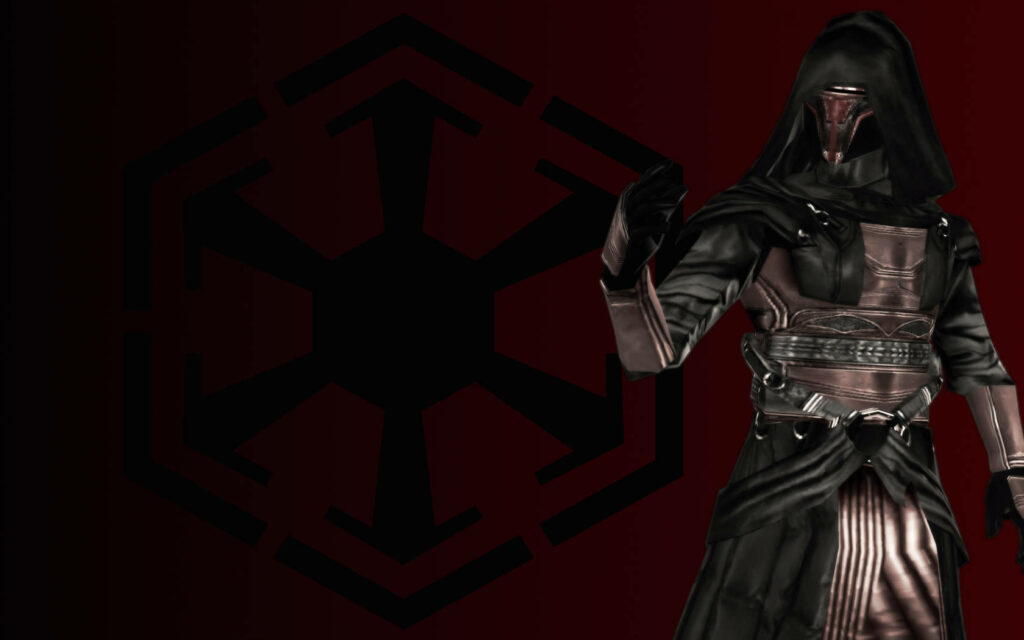 Darth Revan in dark robes with Sith Empire emblem backdrop iconic Star Wars wallpaper background