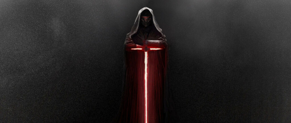 Darth Revan Sith Lord in hooded robe wielding glowing red lightsaber dark wallpaper background