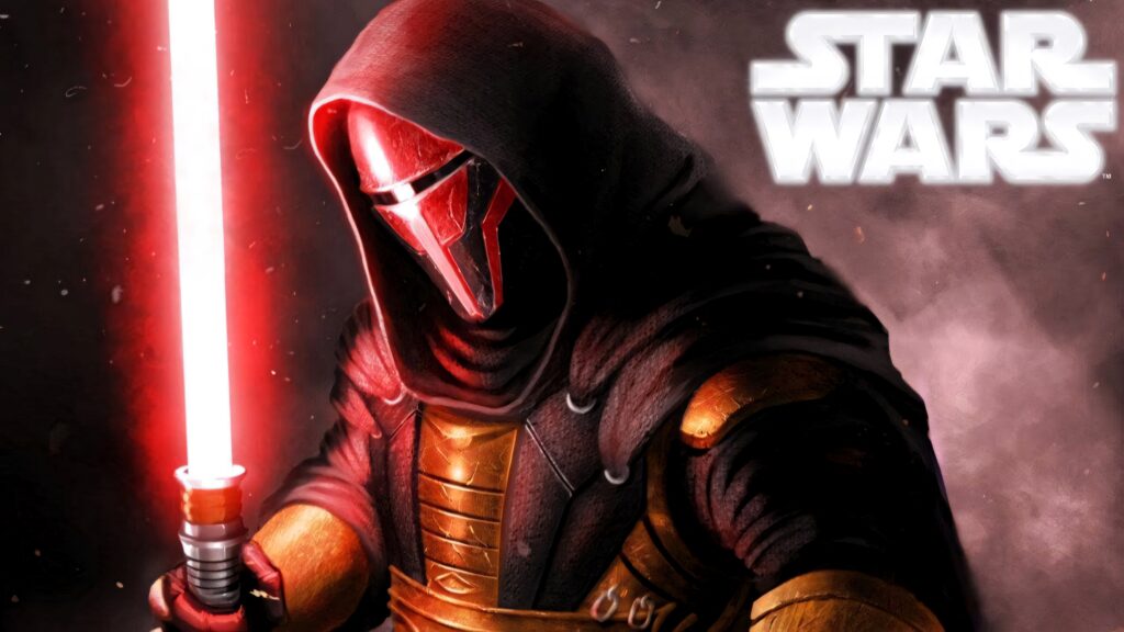 Darth Revan cloaked in darkness holding red lightsaber with glowing Star Wars logo background Wallpaper